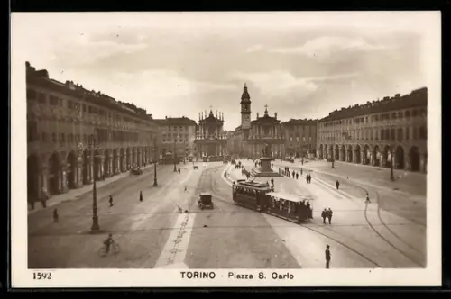 AK Torino, Piazza S. Carlo, Strassenbahn