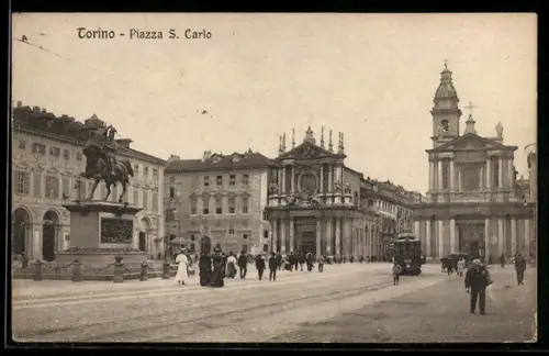 AK Torino, Piazza S. Carlo, Strassenbahn