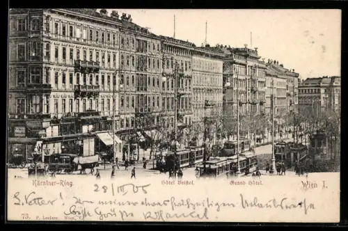 AK Wien, Kärntner-Ring mit Hôtel Bristol, Grand Hôtel und Strassenbahnen