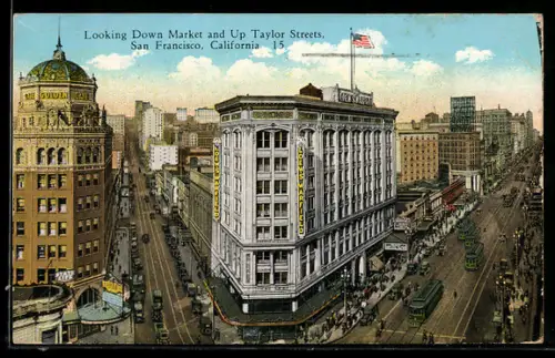 AK San Francisco, California, Looking Down Market and Up Taylor Street, Strassenbahn
