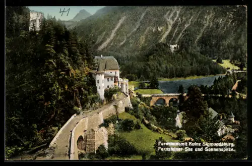 AK Fernstein, Ortsansicht mit Ruine Sigmundsburg, Fernsteiner See u. Sonnenspitze, Viadukte