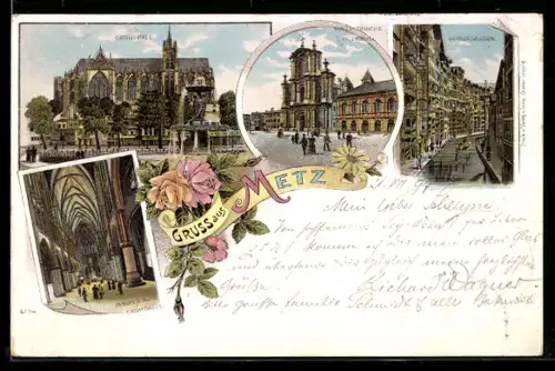 Lithographie Metz, Gerbergraben, Vinzenzkirche mit Lyceum, Cathedrale, Inneres der Cathedrale