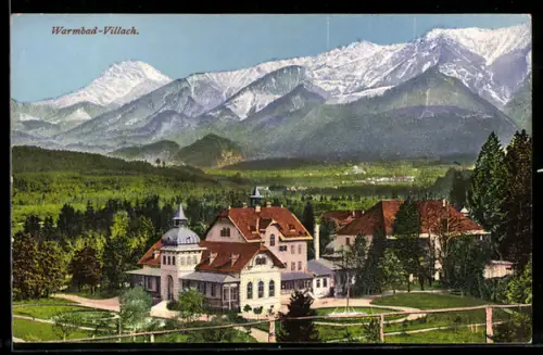 AK Villach, Ortsansicht aus der Vogelschau, Bergpanorama