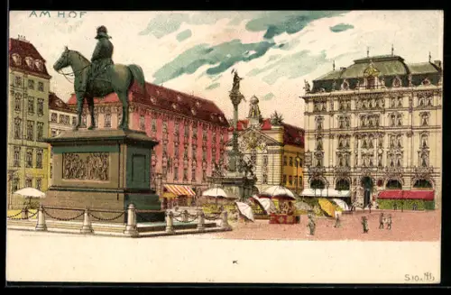 Lithographie Wien I, Am Hof, Marktstände am Denkmal