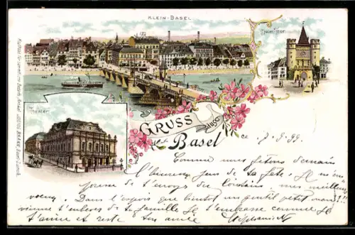 Lithographie Basel, Ortsansicht mit Dampfer, Theater, Spalen-Thor