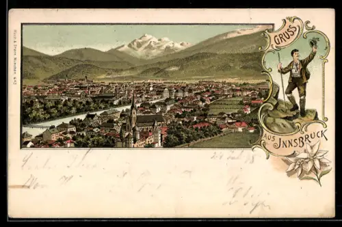 Lithographie Innsbruck, Blick auf die Stadt, Wanderer blickt auf die Stadt
