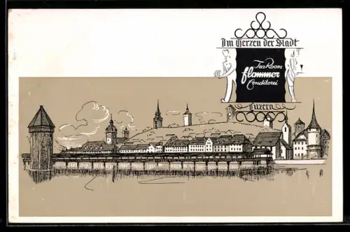 Künstler-AK Luzern, Conditorei Flammer mit Tea Room