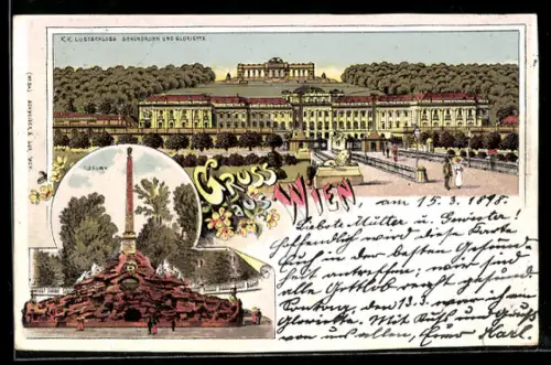 Lithographie Wien I, Lustschloss Schönbrunn und Gloriette, Obelisk um 1900