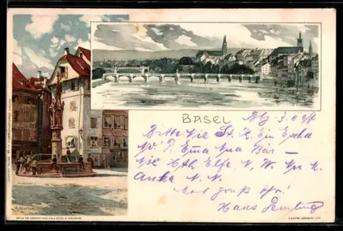 Künstler-AK K. Mutter: Basel, Totalansicht mit Kirche, Ortspartie mit Brunnen