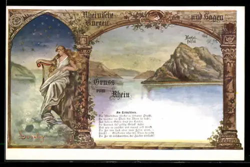 AK Loreley-Felsen, am Rhein, Loreley mit Lyra, Vers