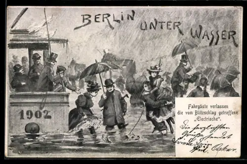 Künstler-AK Berlin, Friedrichstrasse, Turbulente Strassenszene, Überschwemmung 1902