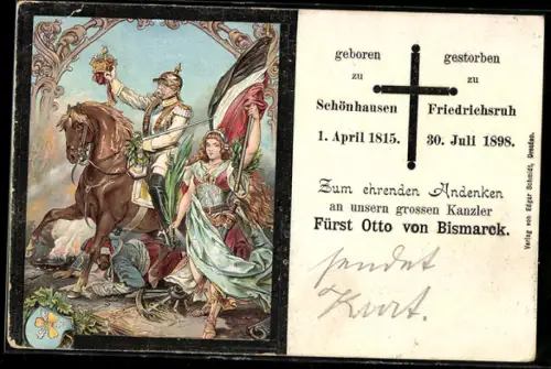 Künstler-AK Fürst Otto von Bismarck mit Krone auf einem Pferd