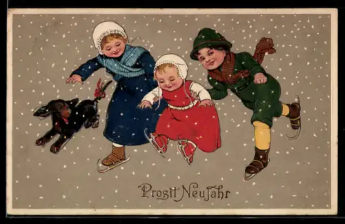 AK Kinder mit Dackel beim Schlittschuhlaufen