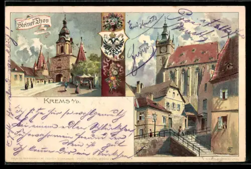 AK Krems a. Donau, Ortspartie mit Steiner Tor und Kirche