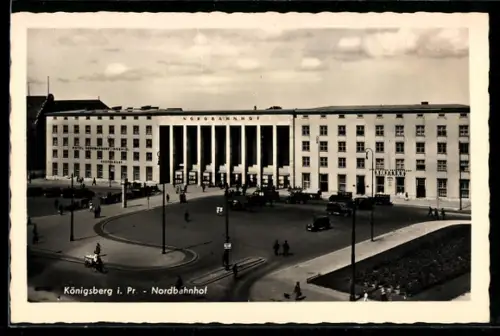 AK Königsberg, Nordbahnhof mit Autos