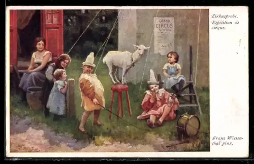 Künstler-AK Franz Wiesenthal: Zirkusprobe, Ziege auf dem Hocker, Junger Dompteur mit Peitsche, Clown