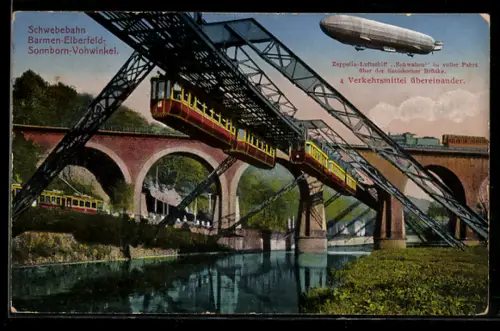 AK Barmen-Elberfeld, Zeppelin Schwaben über der Sonnborner Brücke