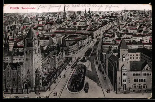 AK Posen, Totalansicht mit Strassenbahn