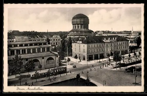 AK Posen / Poznan, Messehallen mit Strassenbahn