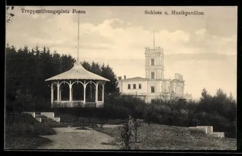 AK Posen / Poznan, Truppenübungsplatz, Schloss u. Musikpavillon
