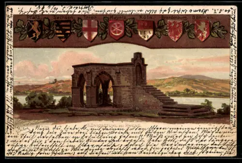 Künstler-AK Carl Biese: Rhens, Königsstuhl mit Wappen Pfalz, Sachsen, Trier