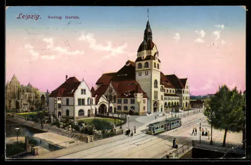 AK Leipzig, Eingang zum Zoologischen Garten, Strassenbahn