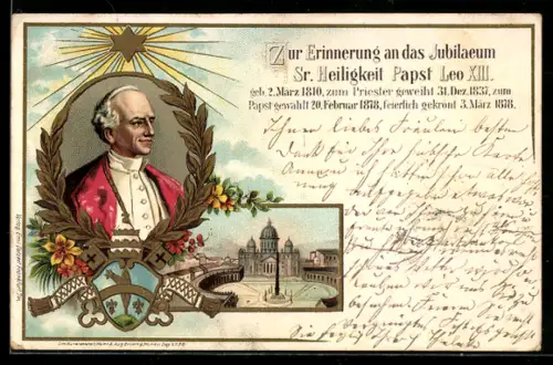Lithographie Papst Leo XIII., 50 jähriges Jubiläum als Priester
