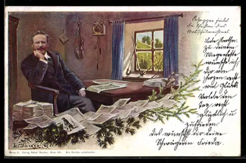 Künstler-AK E. Döcker: Peter Rosegger mit Manuskripten an seinem Arbeitsplatz
