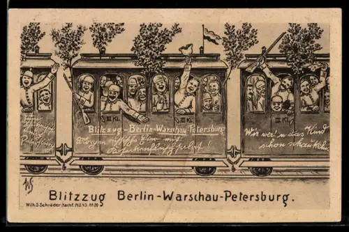 Künstler-AK Willi Scheuermann: Blitzzug Berlin-Warschau-Petersburg, Soldaten, Gewehre