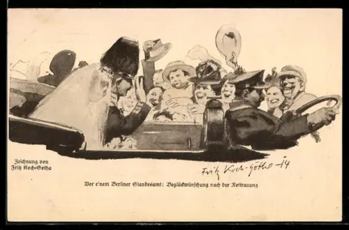 Künstler-AK Berlin, Hochzeitspaar im Auto vor einem Standesamt, Beglückwünschung nach der Nottrauung