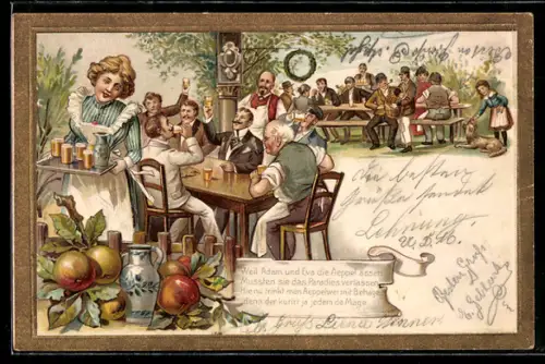 Lithographie Weil Adam und Eva die Aeppel assen..., Scherz, Aeppelwei