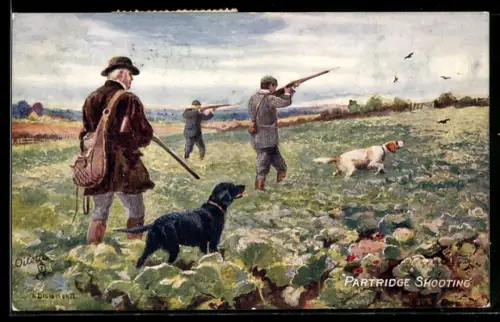 Künstler-AK Jäger mit Jagdhunden schiessen Vögel in der Luft