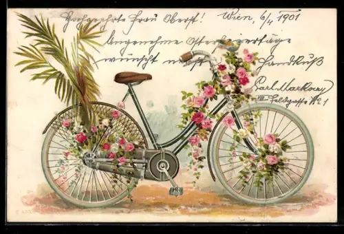 Lithographie Damen-Fahrrad mit Rosen geschmückt