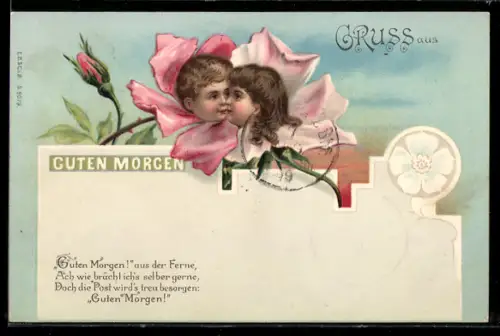 AK Junge und Mädchen als Blumen küssen sich, Guten Morgen!