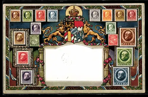 AK Bayrisches Wappen mit Briefmarken