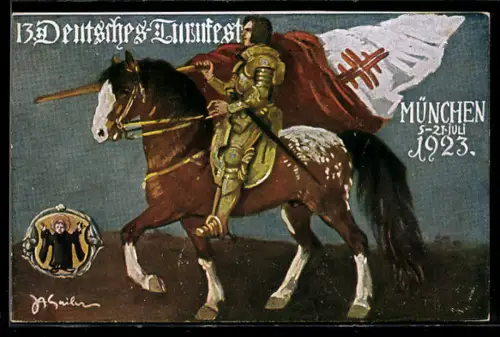 Künstler-AK München, 13. Deutsches Turnfest 1923, Turner mit Fahne auf seinem Pferd