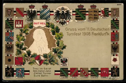 AK Portrait Turnvater Jahn, Wappen der deut. Könighäuser und Herzogtümer
