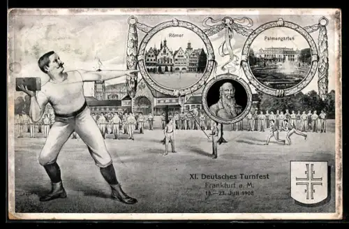 AK Frankfurt, XI. Deutsche Turnfest, Turnvater Jahn, Römer, Palmengarten, Turner beim Ziegelwerfen