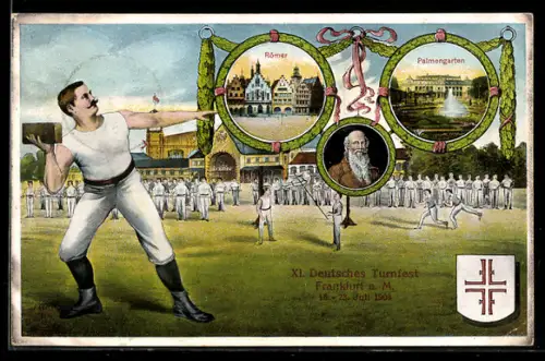 AK Frankfurth a. Main, XI. Deutsches Turnfest 1908, Turnvater Jahn, Kugelstosser mit Stein