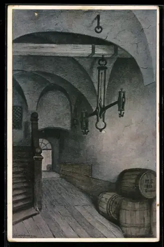 Künstler-AK Breslau, Haupteingang zu T. O. Schroeters Kaufhaus aus G. Freytags Soll und Haben