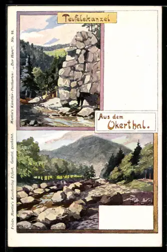 Künstler-Lithographie H. Bahndorf: Okerthal, Teufelskanzel
