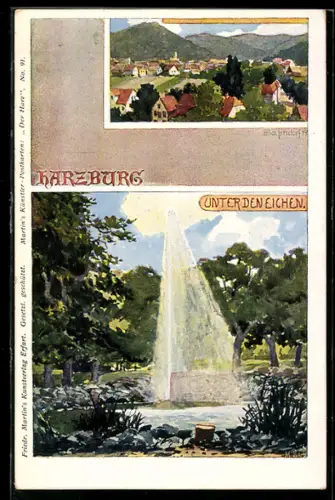 Künstler-AK H. Bahndorf: Harzburg, Teilansicht und Fontäne Unter den Eichen
