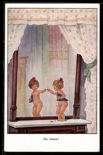 AK Junges Mädchen steht vor einem Spiegel und reicht sich selbst die Hand