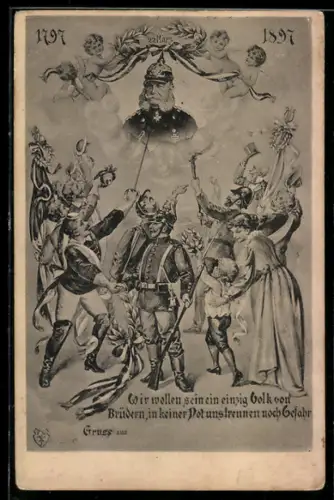 AK 100 jähr. Jubiläum Kaiser Wilhelm I. 1897, Soldaten, Burschenschafter u. Bürger huldigen dem Monarchen