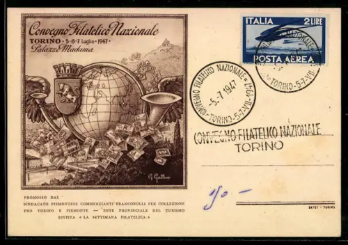 AK Torino / Turin, Convegno Filatelico Nazionale 1947, Posthorn, Globus, Briefmarken