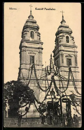 AK Mlawa, Kosciol Parafialny, geschmückte Pfarrkirche
