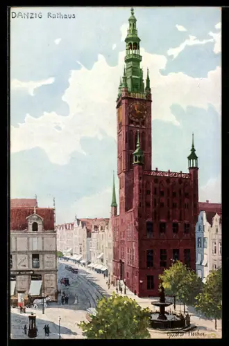 AK Danzig-Gdansk, Rathaus von der Seite gesehen