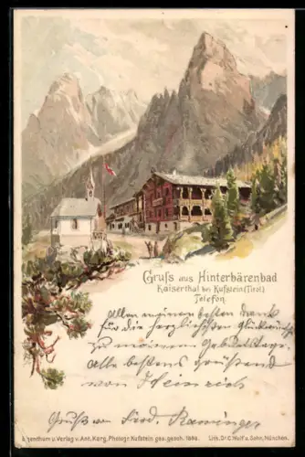 Lithographie Hinterbärenbad, Strassenansicht mit Kirche, Berge