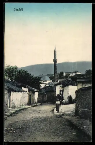 AK Skopje / Ueskueb, Ortsansicht mit Strasse und Moschee