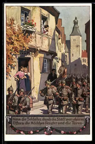 Künstler-AK P. Hey: Nr. 2, Soldaten marschieren durch die Stadt, Verein für das Deutschtum im Ausland